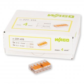 25 Stück Wago 5polig 0,14 - 4mm² mit Hebel Compact Verbindungsklemmen (221-415) 